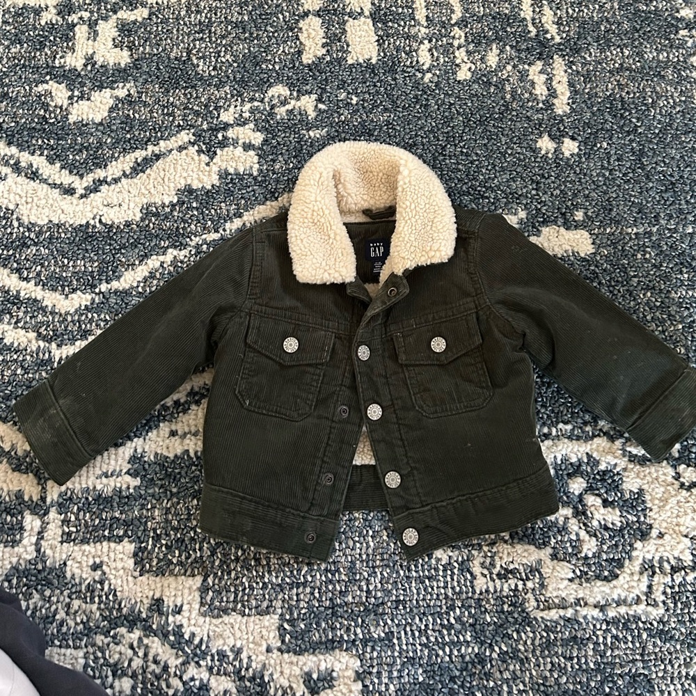 GAP Kids Olive Corduroy Jacket with Cream Sherpa Collar